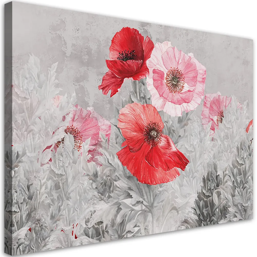 Impression sur toile, Coquelicots rouges sur une prairie grise 60x40 Feeby