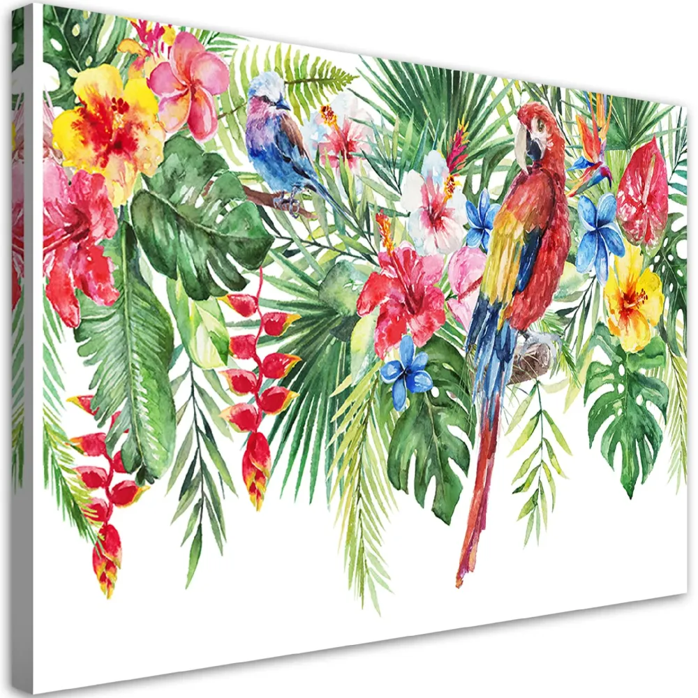 Impression sur toile, Feuilles, fleurs et perroquet 60x40 Feeby