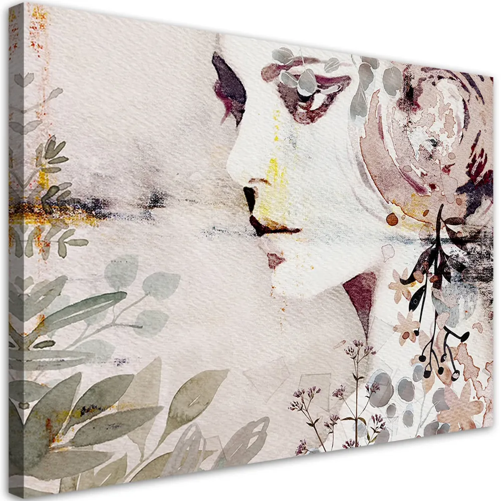 Impression sur toile, fleurs abstraites autour d'un visage de femme 60x40 Feeby