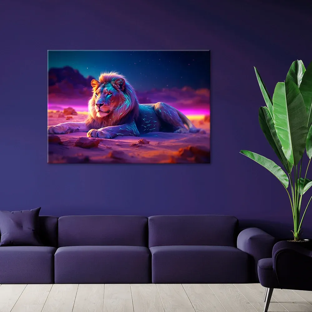 Impression sur toile, Lion Nature Animal Néon 60x40 Feeby