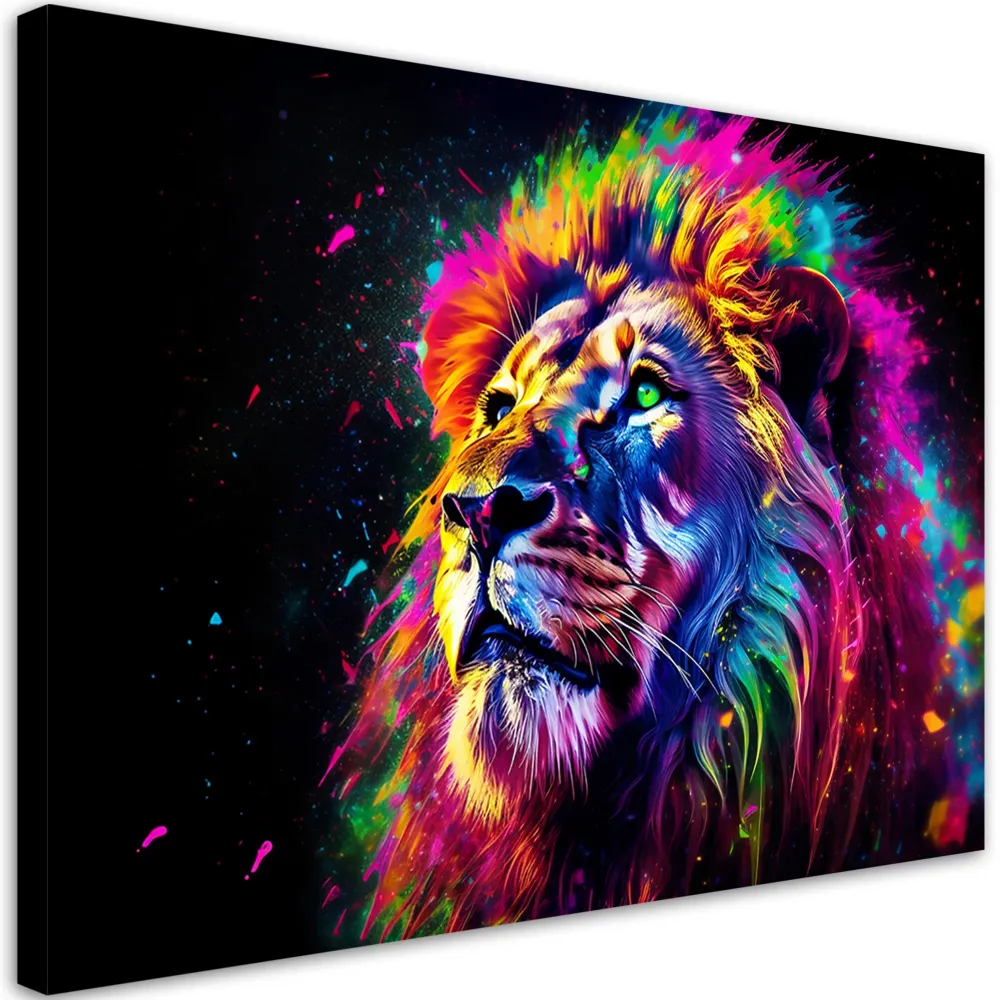 Impression sur toile, Lion néon aux couleurs de l'arc-en-ciel 60x40 Feeby