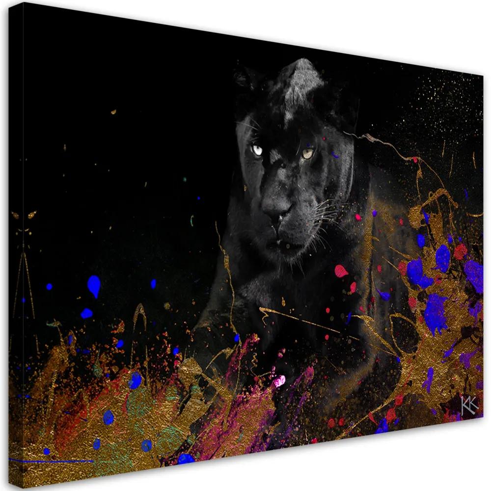 Impression sur toile, panthère noire sur fond coloré 60x40 Feeby