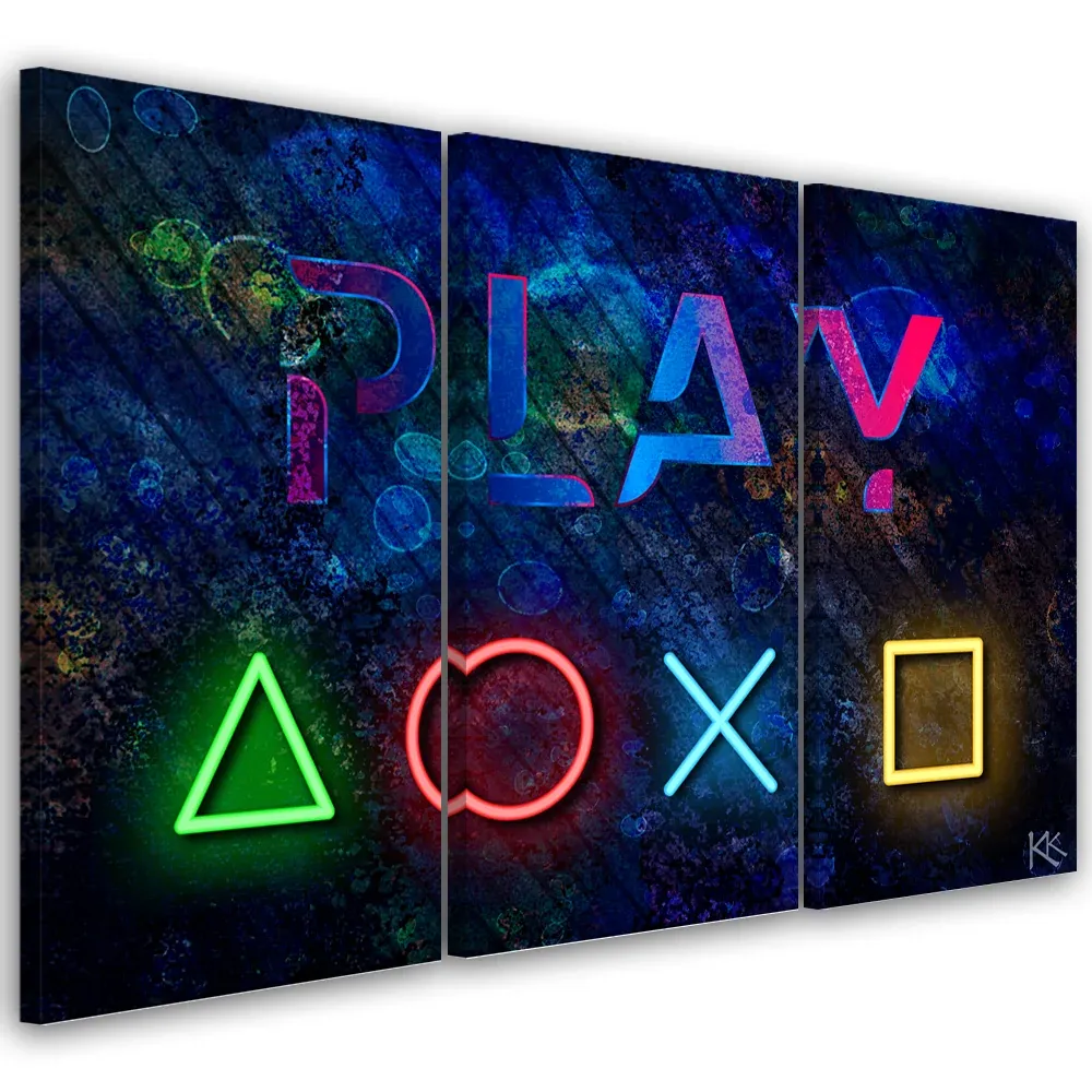 Impression sur toile en trois parties, boutons pour le pavé tactile et texte de jeu 60x40 Feeby