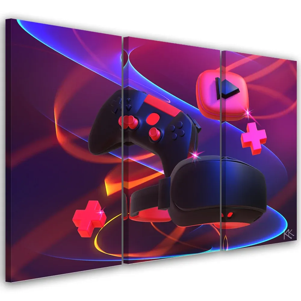 Impression sur toile en trois parties, manette de jeu 60x40 Feeby