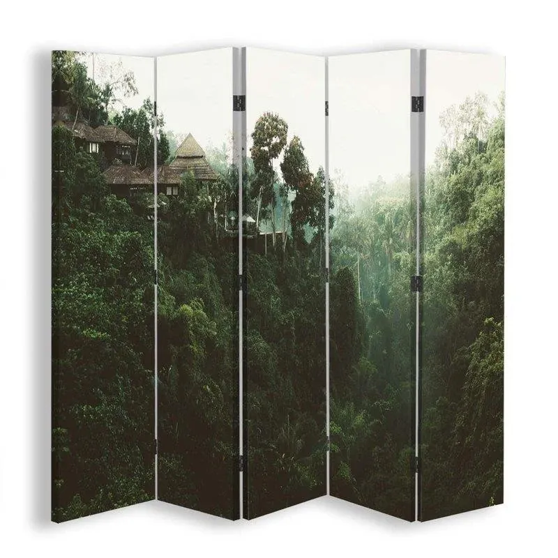 Paravent double face pivotant, motif chalet sur une pente tropicale Feeby