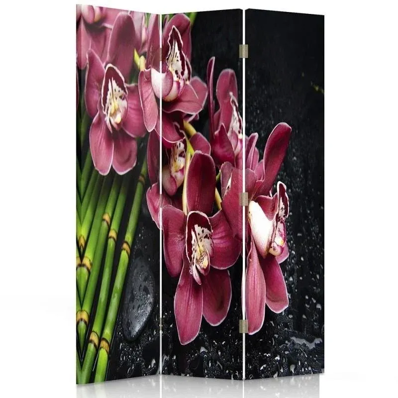 Paravent double face pivotant, motif orchidée et bambou Feeby