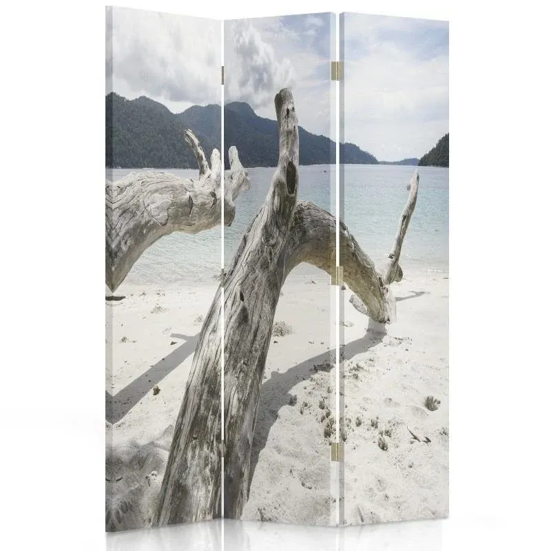 Paravent double face pivotant, évoquant les branches d'un arbre sur une plage tropicale Feeby