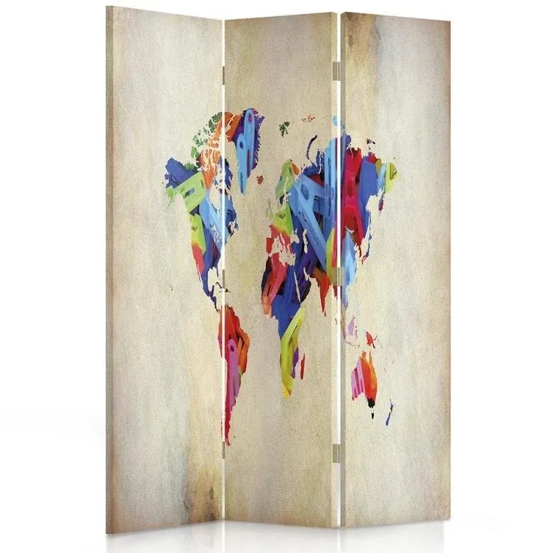 Paravent double face rotatif, carte du monde en couleur Feeby
