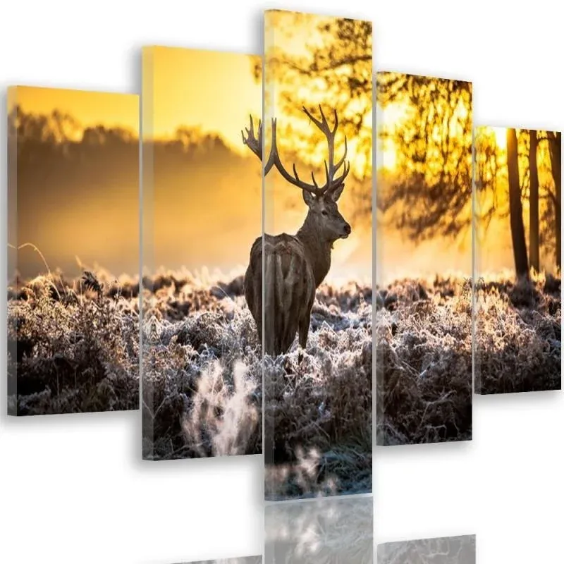 Tableau en cinq parties sur toile, Cerf au coucher du soleil 100x70 Feeby