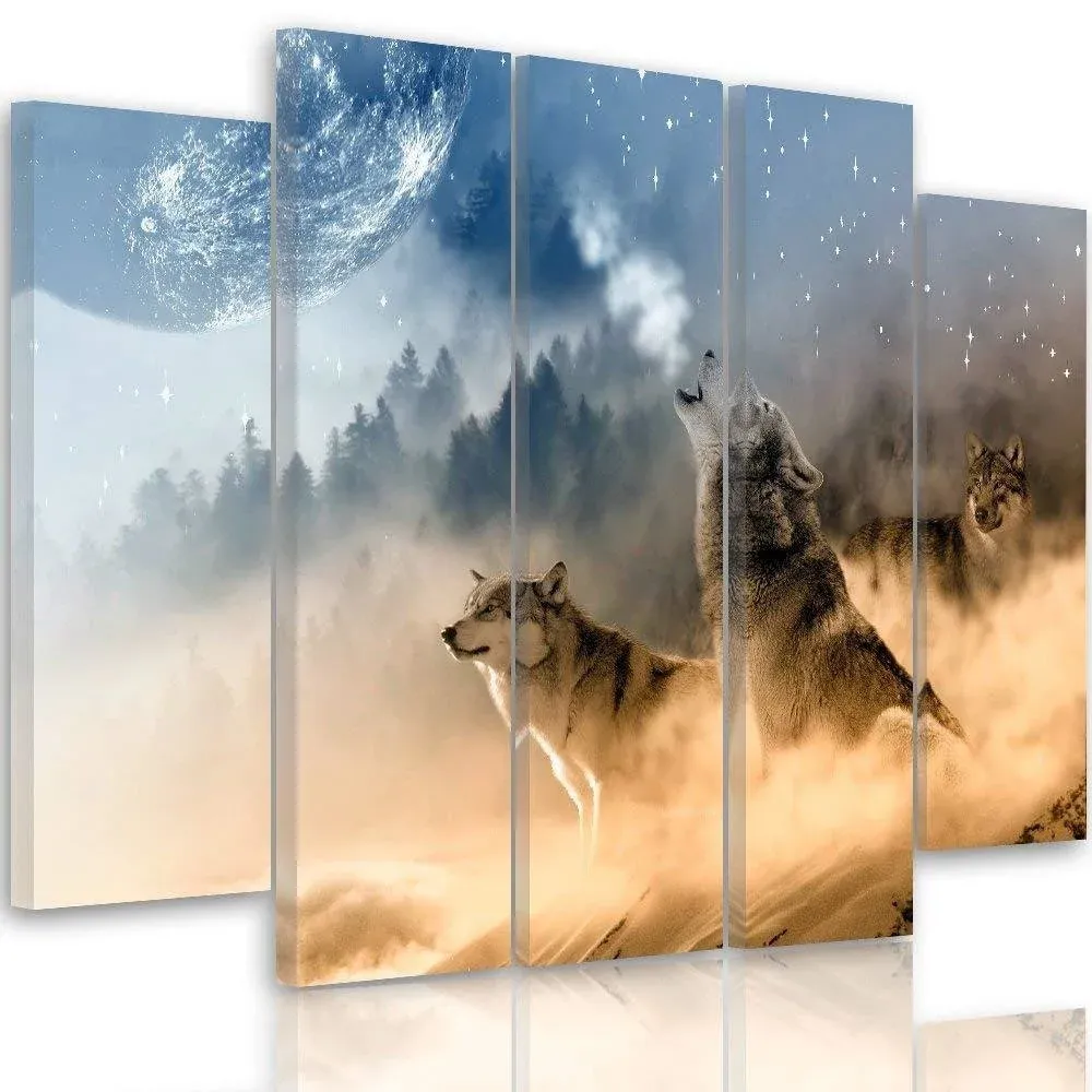 Tableau en cinq parties sur toile, Chasseurs nocturnes 100x70 Feeby