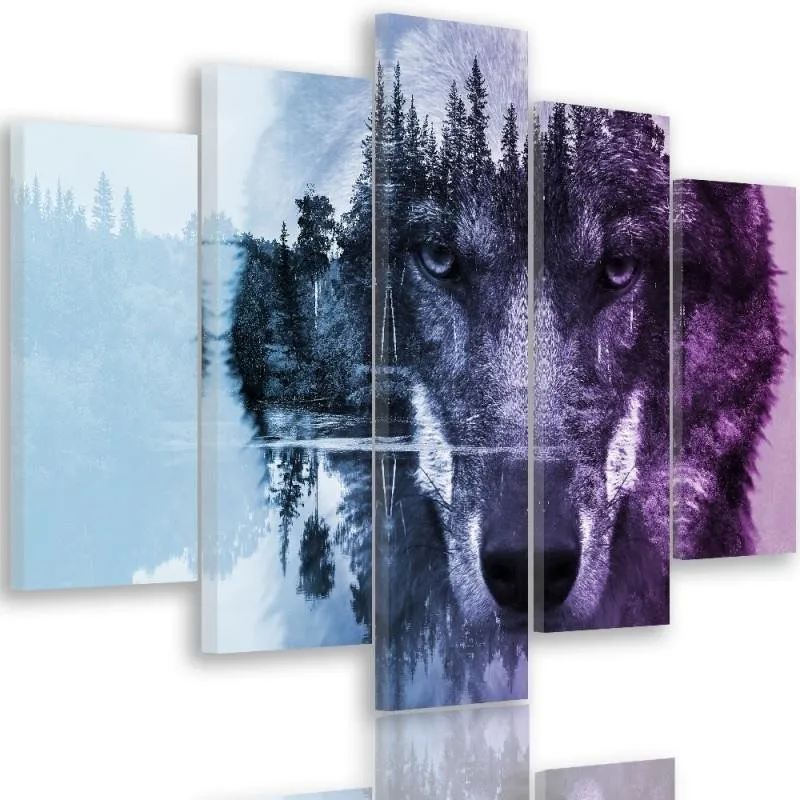 Tableau en cinq parties sur toile, Loup dans la êt - violet 100x70 Feeby