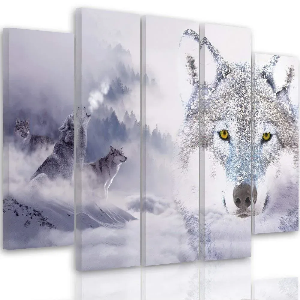 Tableau en cinq parties sur toile, Loup sauvage dans la neige 100x70 Feeby