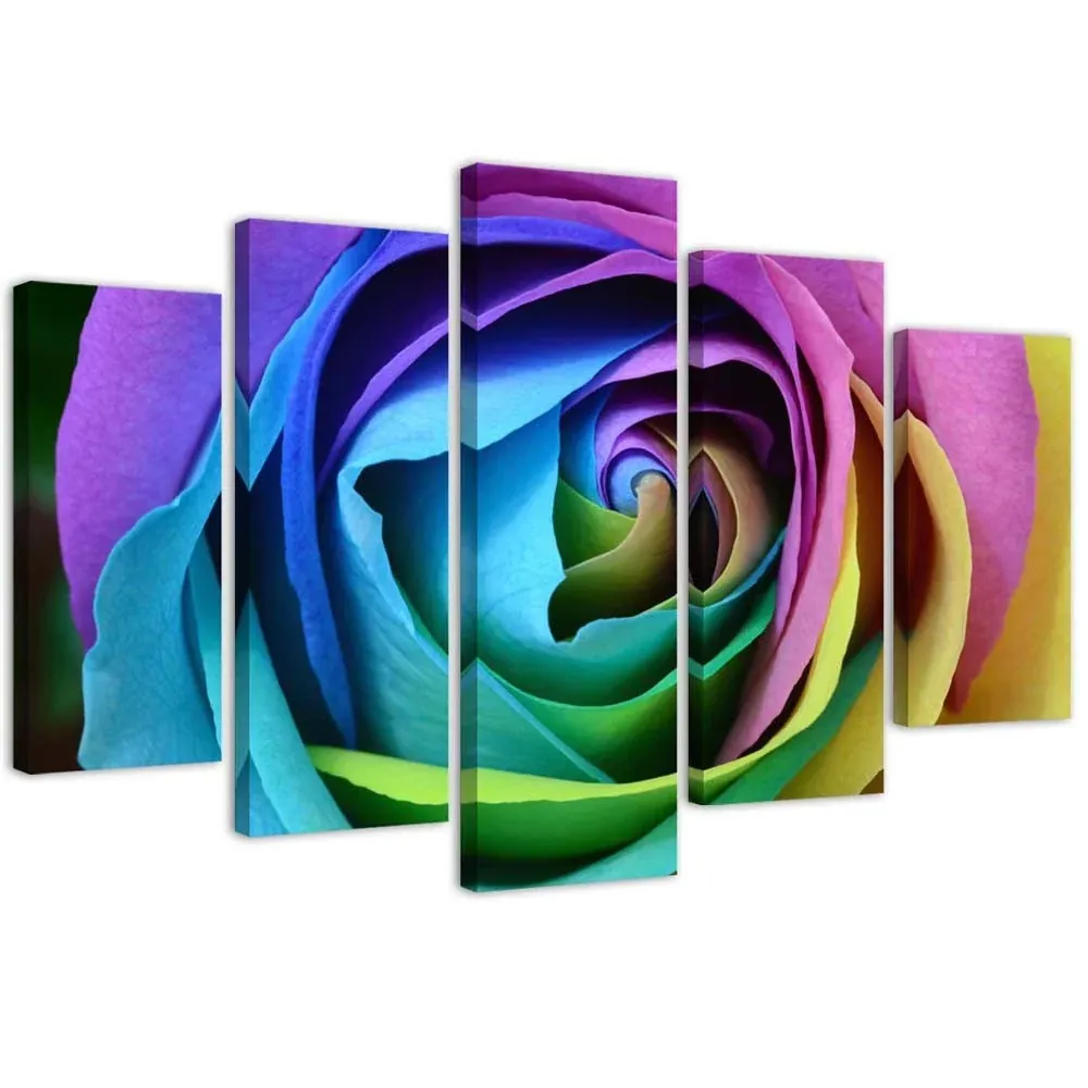 Tableau en cinq parties sur toile, Rose colorée 100x70 Feeby