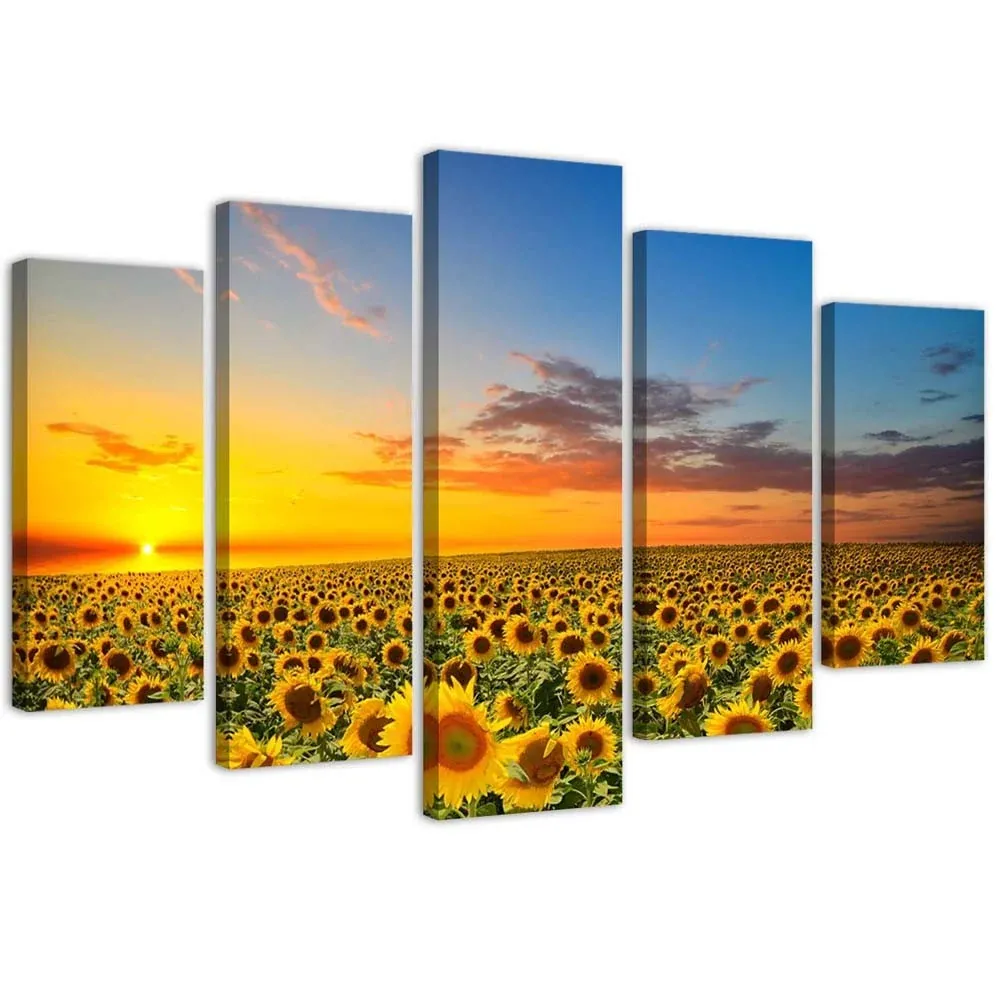 Tableau en cinq parties sur toile, Tournesols dans une prairie 100x70 Feeby