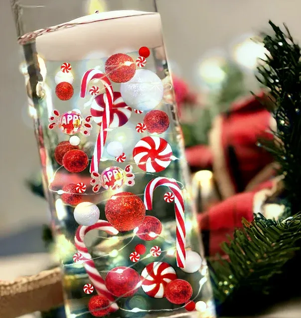 Candyland de Noël "Flottant" : Cannes de Bonbon, Sucettes, Perles Rouges & Blanches, avec Gemmes Festives - Décorations de...