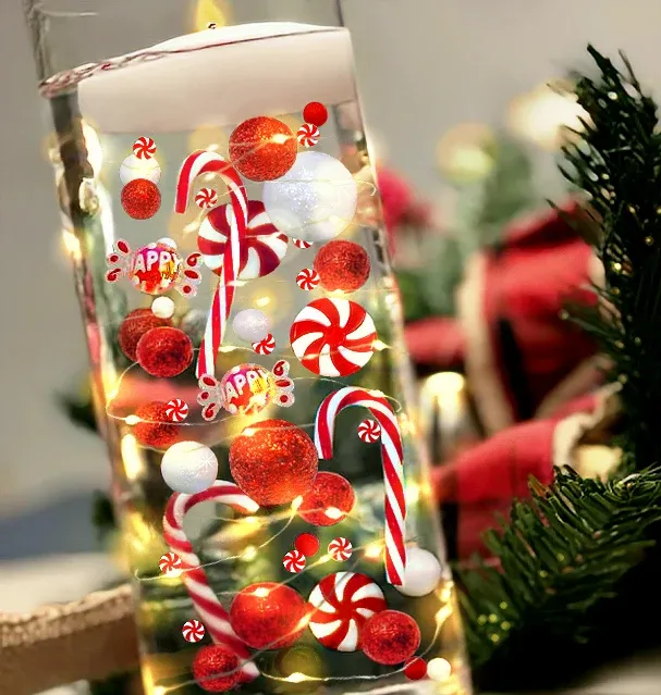 Candyland de Noël "Flottant" : Cannes de Bonbon, Sucettes, Perles Rouges & Blanches, avec Gemmes Festives - Décorations de...