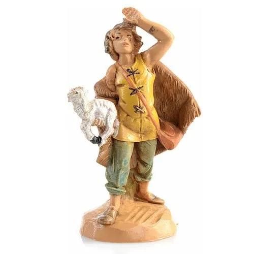 Berger avec un mouton dans la main n° 12 pour la crèche Fontanini 6,5 cm