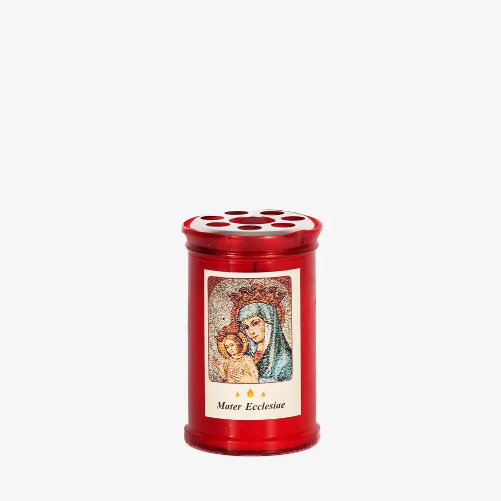 Bougie avec bougeoir rouge avec Notre Dame Totus Tuus Galleria Mariana