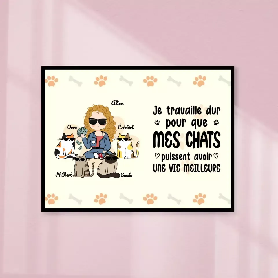 Jusqu'à 4 Chats, Poster encadré en bois personnalisée, cadeau pour Maman Chat, Je Travaille dur pour Que Mes Chats Gelato