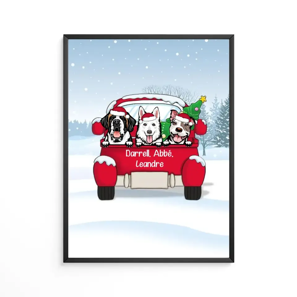 Poster encadré en bois personnalisée, cadeau pour Maman et Papa Chien, jusqu'à 3 chiens, Voiture rouge, joyeux noël Gelato