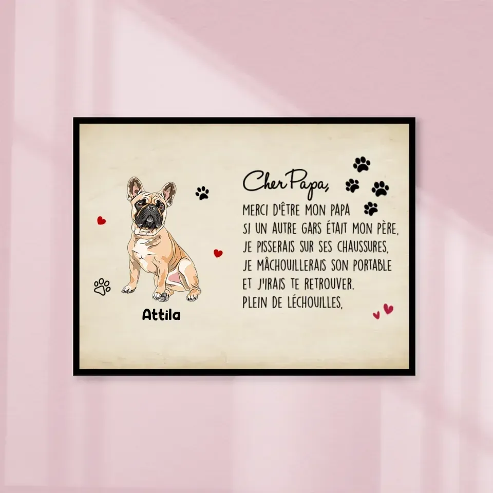 Poster encadré en bois personnalisée, cadeau pour Papa chien, fête des pères, Cher papa merci d'être mon papa Gelato