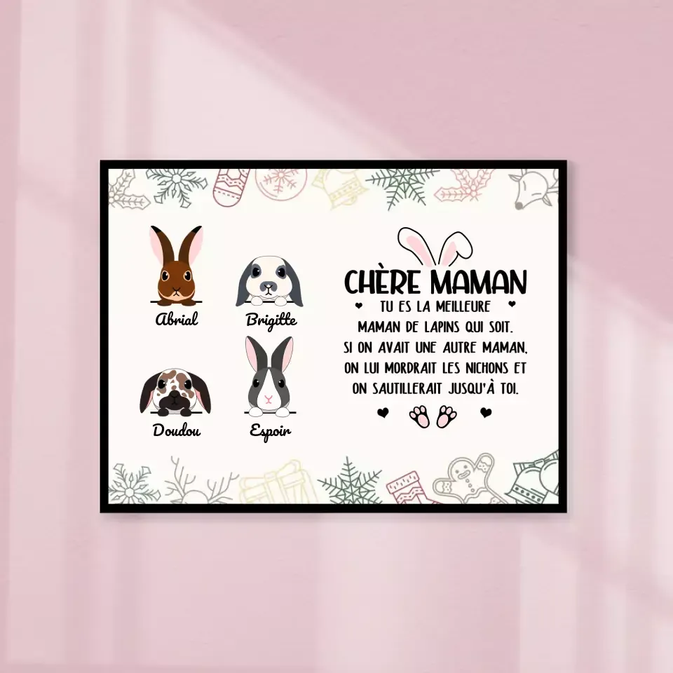 Poster encadré en bois personnalisée, cadeau pour Maman lapin, fête des mères, Jusqu'à 9 lapins, Chére Maman Gelato