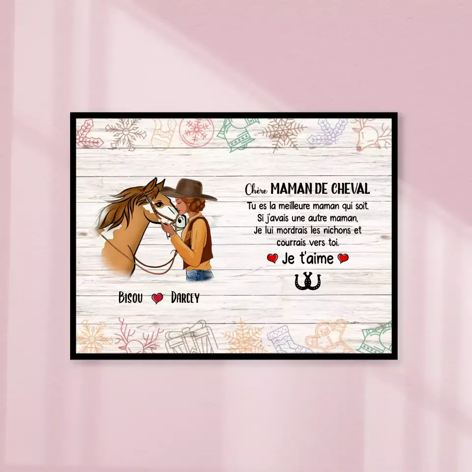 Poster encadré en bois personnalisée, cadeau pour maman cheval, fête des mères, Chére Maman De Cheval Je T'aime Gelato