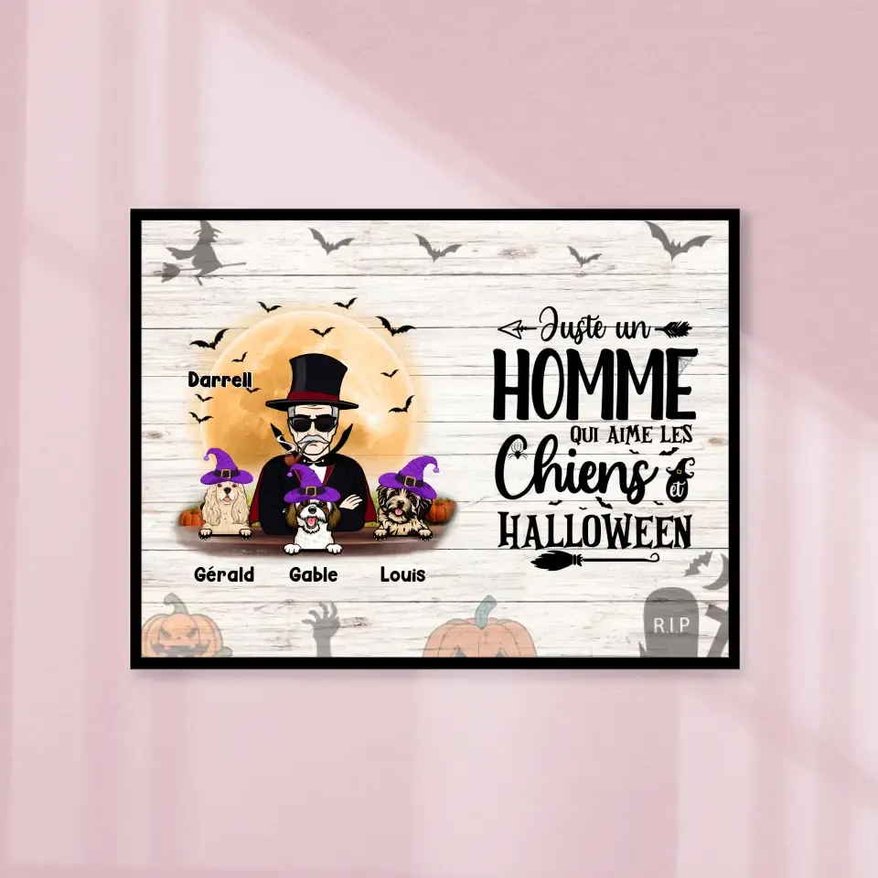 Poster encadré en bois personnalisée, Halloween cadeau pour Papa Chien, jusqu'à 6 chiens, Homme Aime Chiens et Halloween G...
