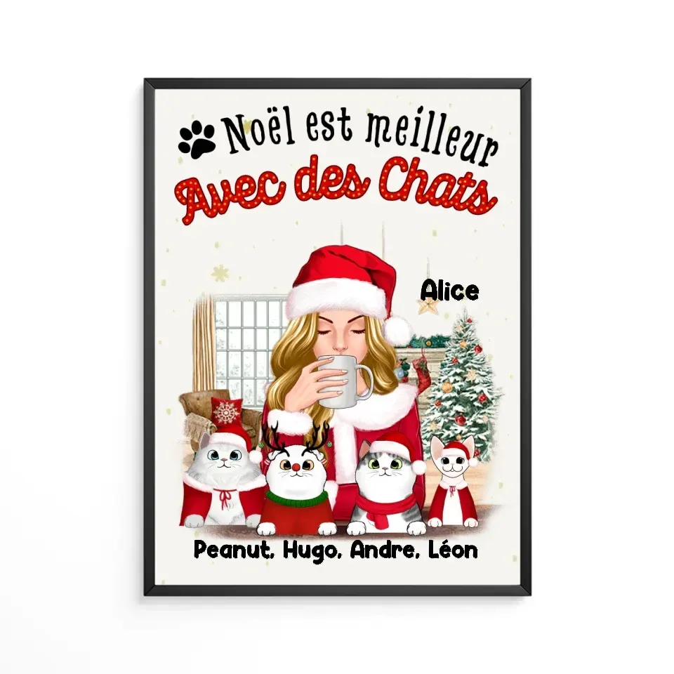 Poster encadré en bois personnalisée, noël cadeau pour maman chat, noël est meilleur avec des chats Gelato