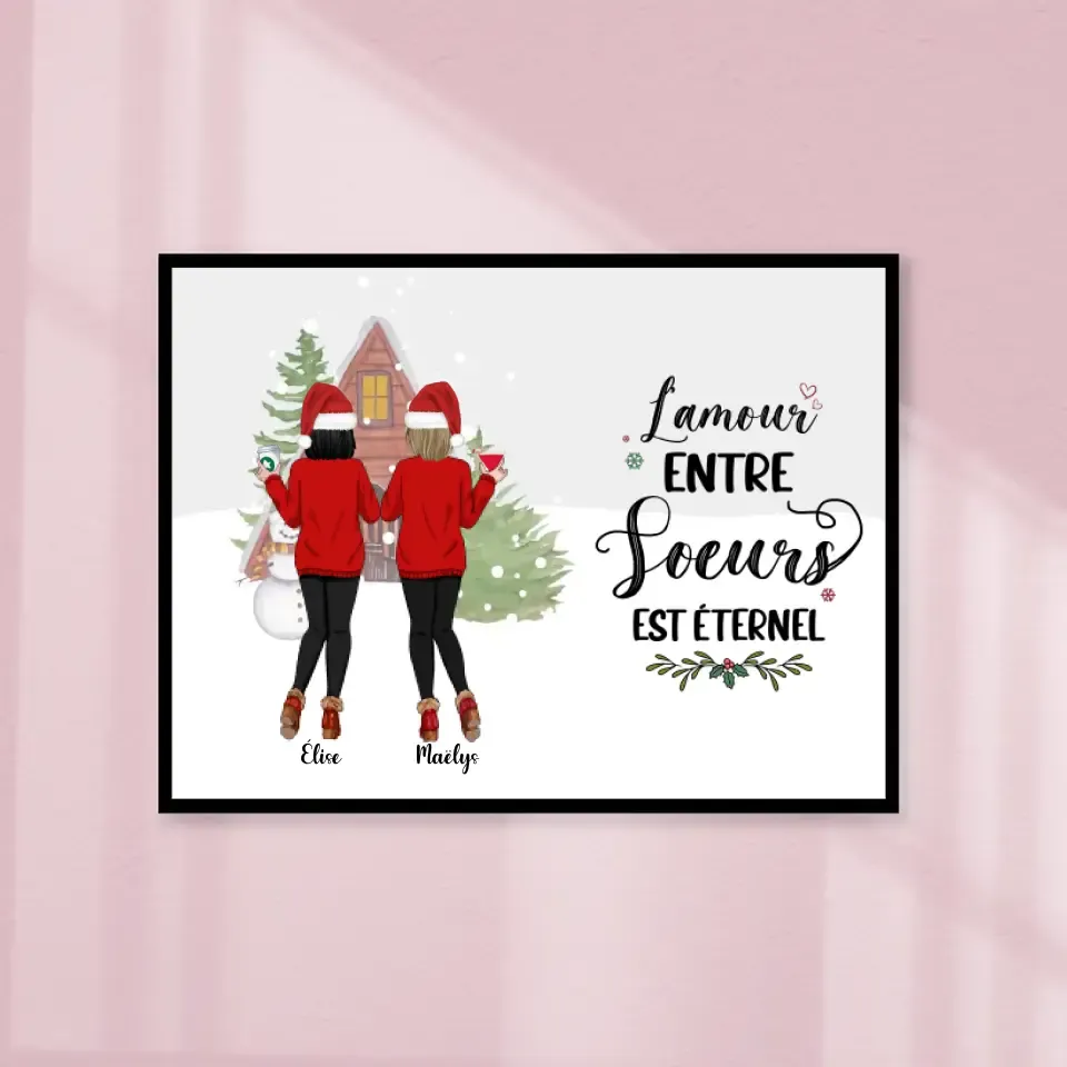 Poster encadré en bois personnalisée, Noël cadeau pour amies, Jusqu'à 6 filles, L'amour Entre Sœurs est éternel Gelato