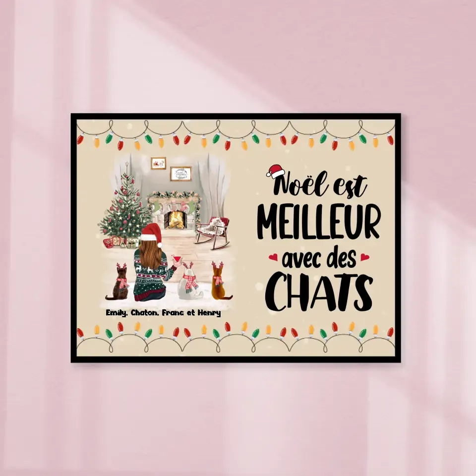 Poster encadré en bois personnalisée, Noël cadeau pour Maman Chat, jusqu'à 5 chats, Noël est Meilleur Avec Des Chats Gelato