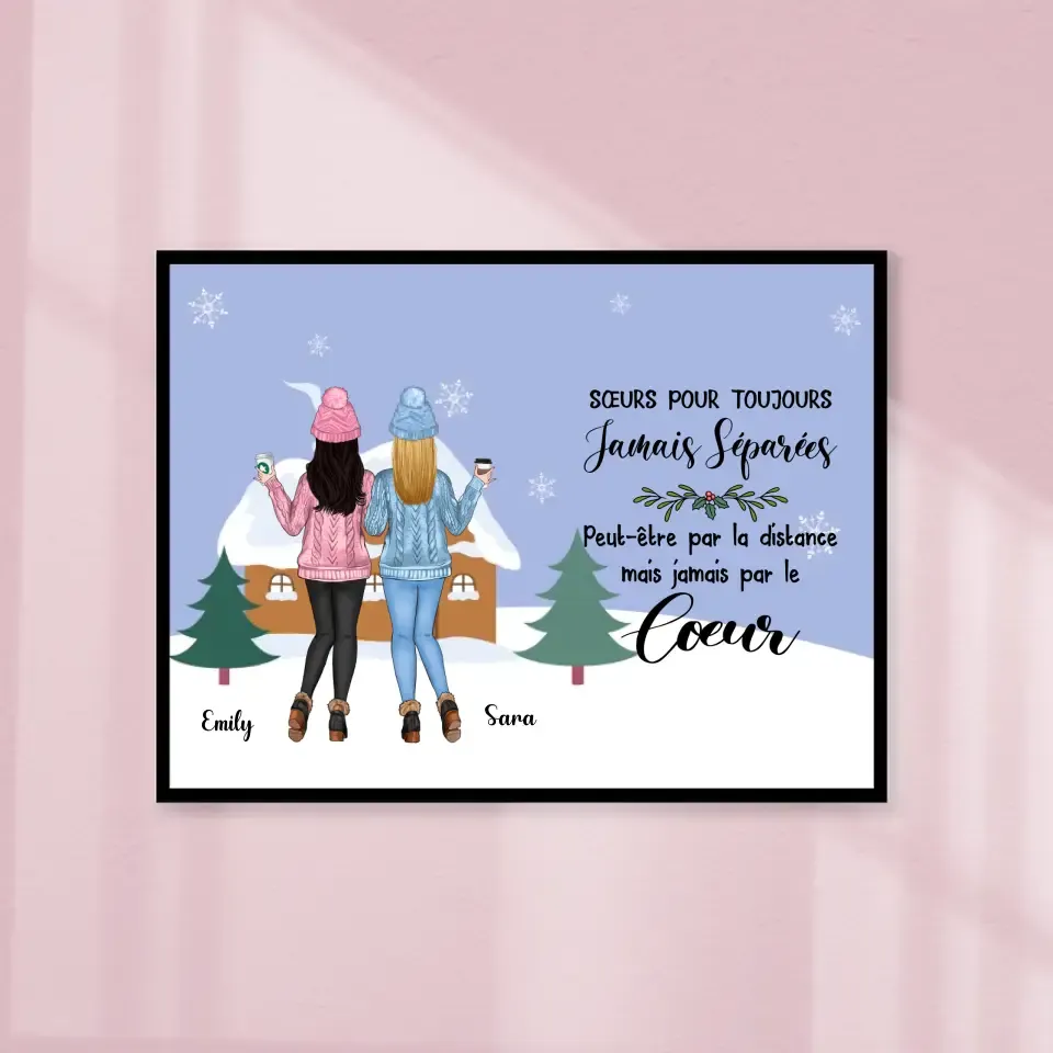Poster encadré en bois personnalisée, Noël cadeau pour amies, Jusqu'à 6 filles, Sœurs Pour Toujours Jamais Séparées Gelato