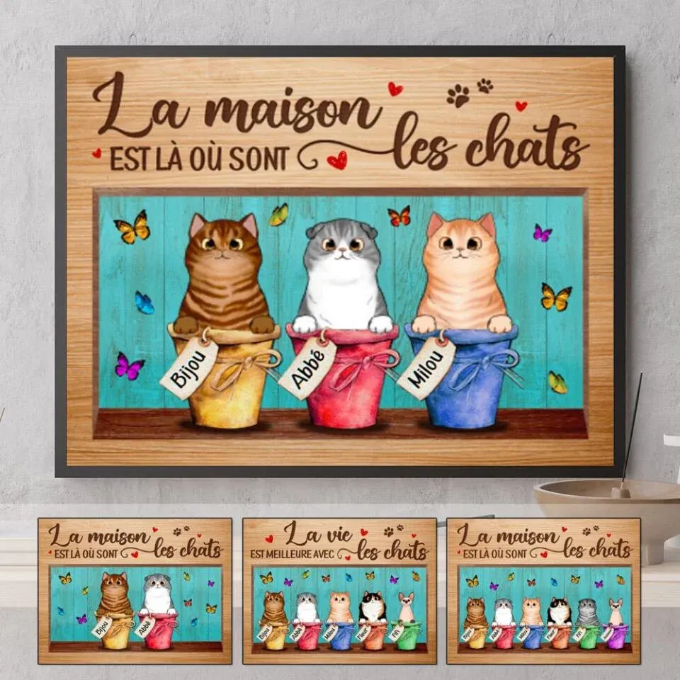 Jusqu'à 6 chats, Poster personnalisée, Cadeau pour les amoureux des chats, La maison est là où sont les chats
