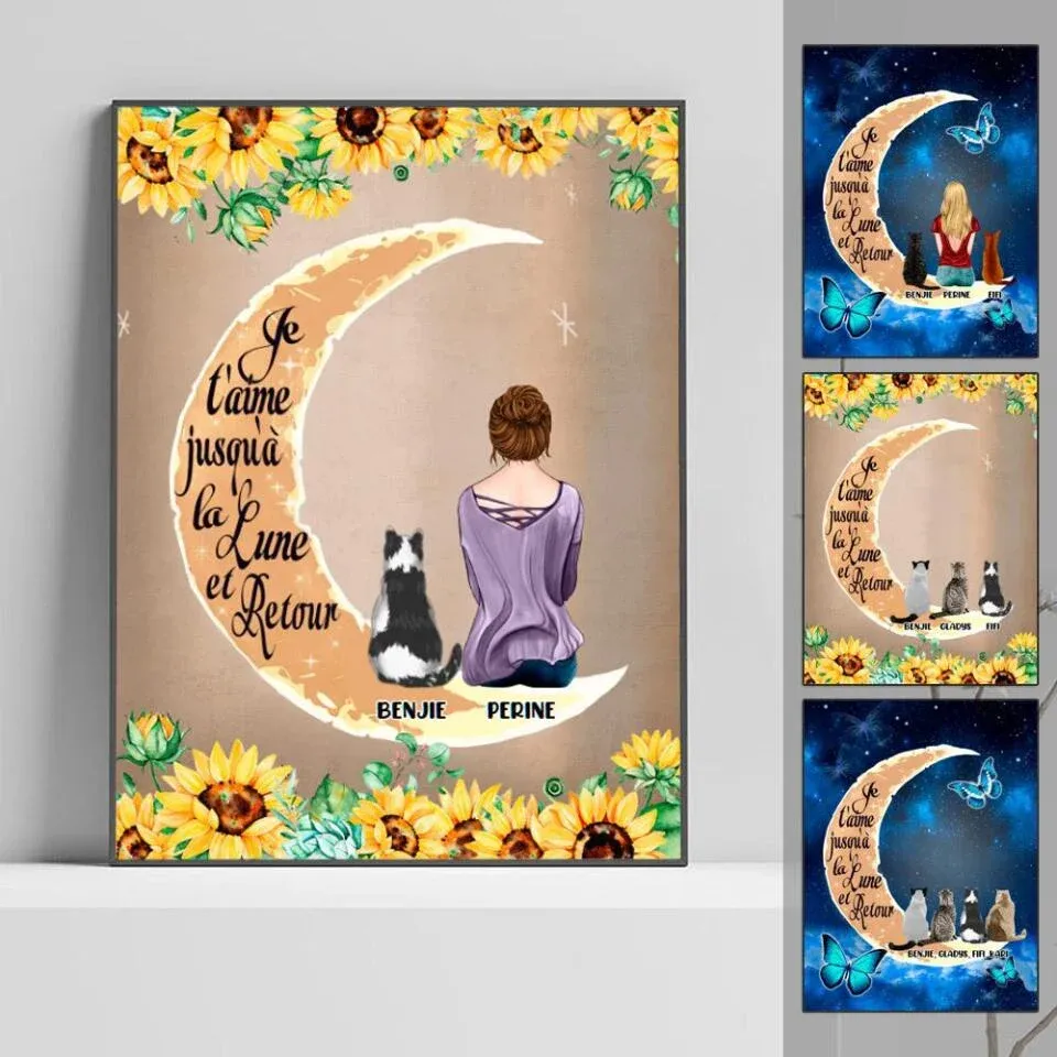 Jusqu'à 4 chats, Poster personnalisée, Cadeau pour amoureux des chats, Je t'aime jusqu'à la lune et retour