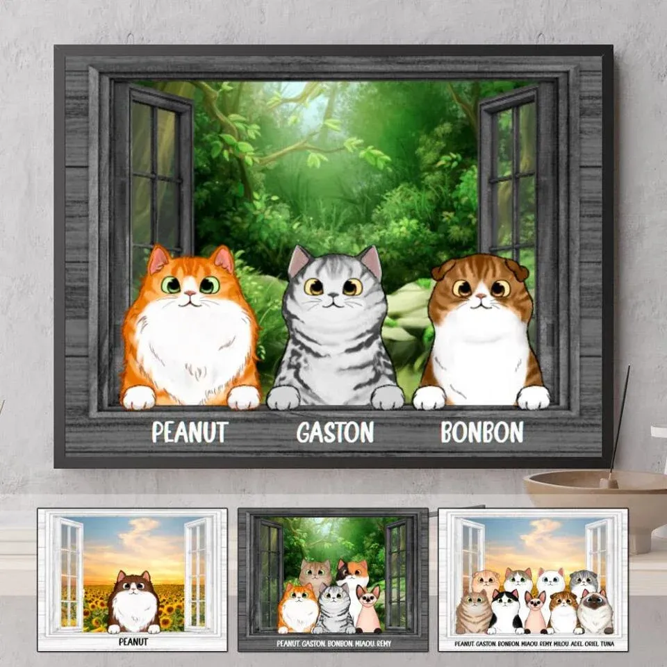 Jusqu'à 9 chats, Poster personnalisée, Chat mignon furtivement sur fond de fenêtre tournesol, champ de lavande et êt