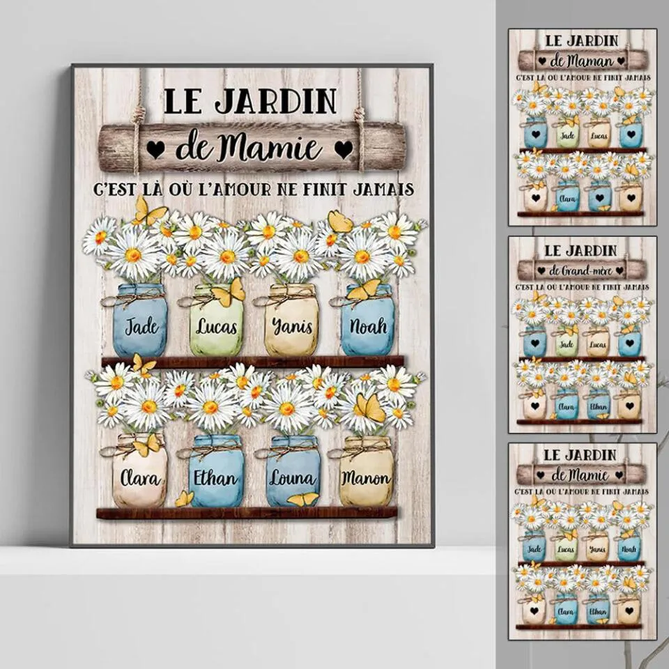 Jusqu'à 8 enfants, Poster personnalisé grand-mère, Jardin de mamie c'est là où l'amour ne finit jamais