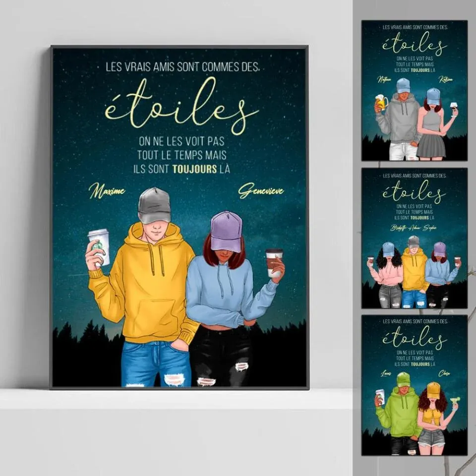 Jusqu'à 2 filles, Poster personnalisée, Cadeau pour les meilleurs amis, Les vrais amis sont commes des étoiles