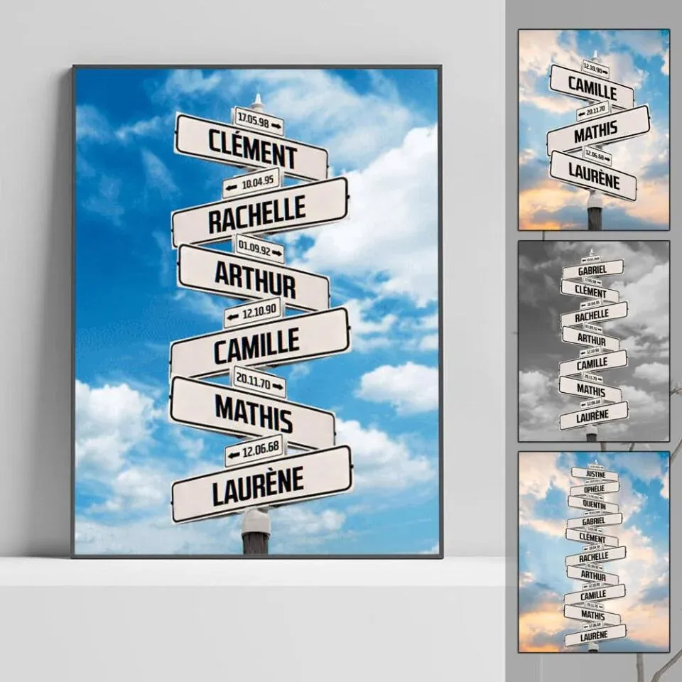 Jusqu'à 10 noms, poster personnalisée, cadeau pour la famille, nom des membres de la famille, fond de ciel nuageux