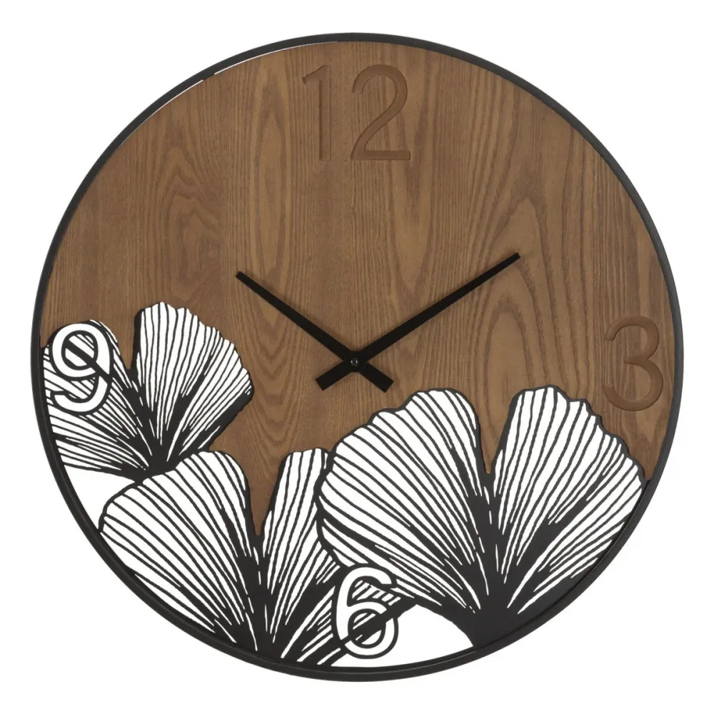 Horloge murale en métal et bois sculpté de feuilles – Design élégant inspiré de la nature Mauro Ferretti