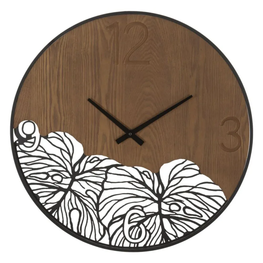 Horloge murale en métal et bois sculpté, motif feuille tropicale – Style décoratif naturel Mauro Ferretti