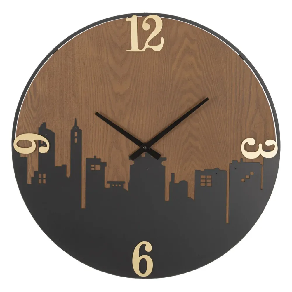 Horloge murale ronde Skyline en métal et bois – Design urbain minimaliste Mauro Ferretti