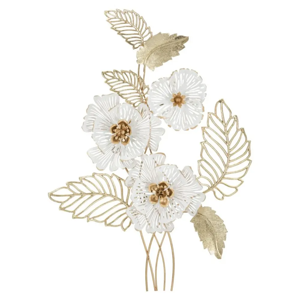 Panneau métallique 3D à motif de branches florales dorées et accents blancs Mauro Ferretti