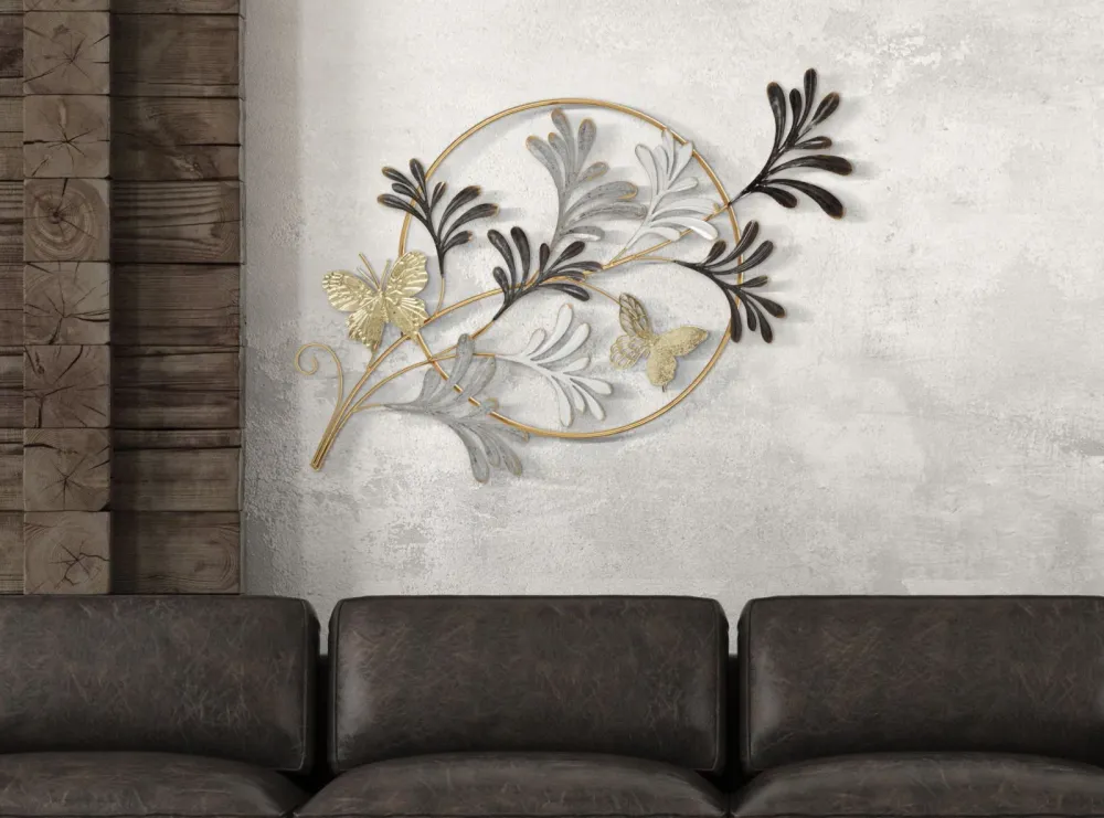 Panneau mural 3D en métal représentant une branche feuillue ronde, avec cadre doré Mauro Ferretti