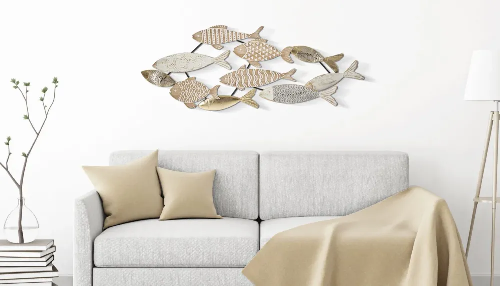 Panneau mural 3D représentant des poissons – Œuvre d'art aquatique moderne en métal Mauro Ferretti