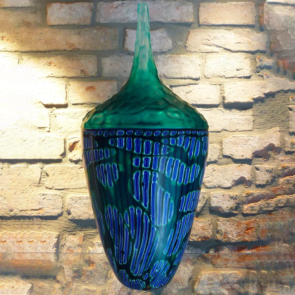 Vase en verre soufflé et murrine ACQUA par Panizzi Murano - Pièce unique