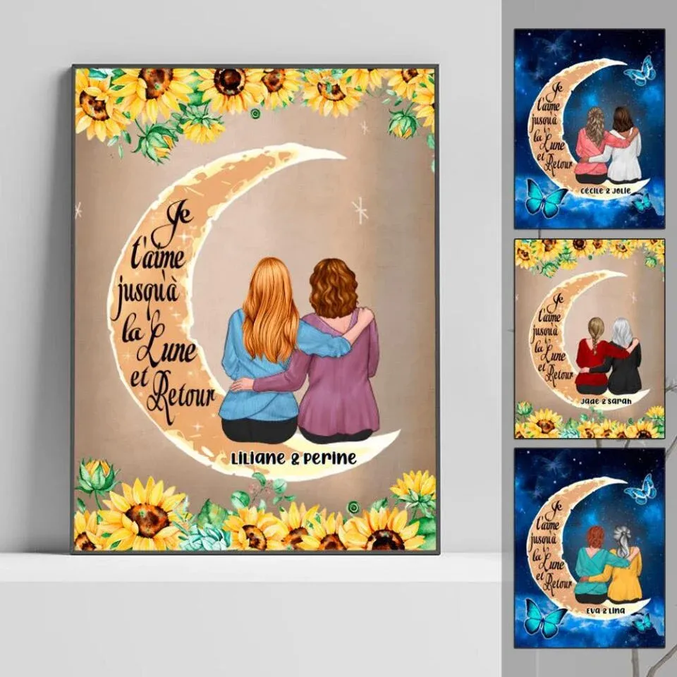 Poster personnalisée, cadeau pour maman et fille, je t'aime jusqu'à la lune et retour