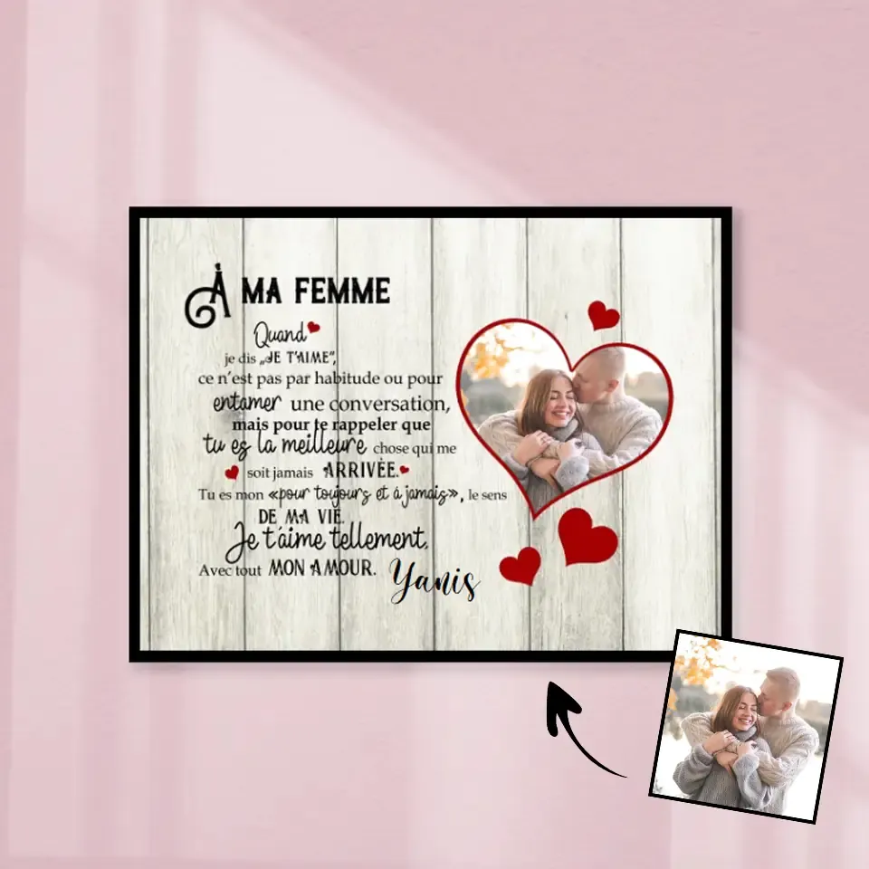 Poster personnalisée, À ma femme (Photo dans cœur), Cadeau de Saint-Valentin pour couple/amoureux