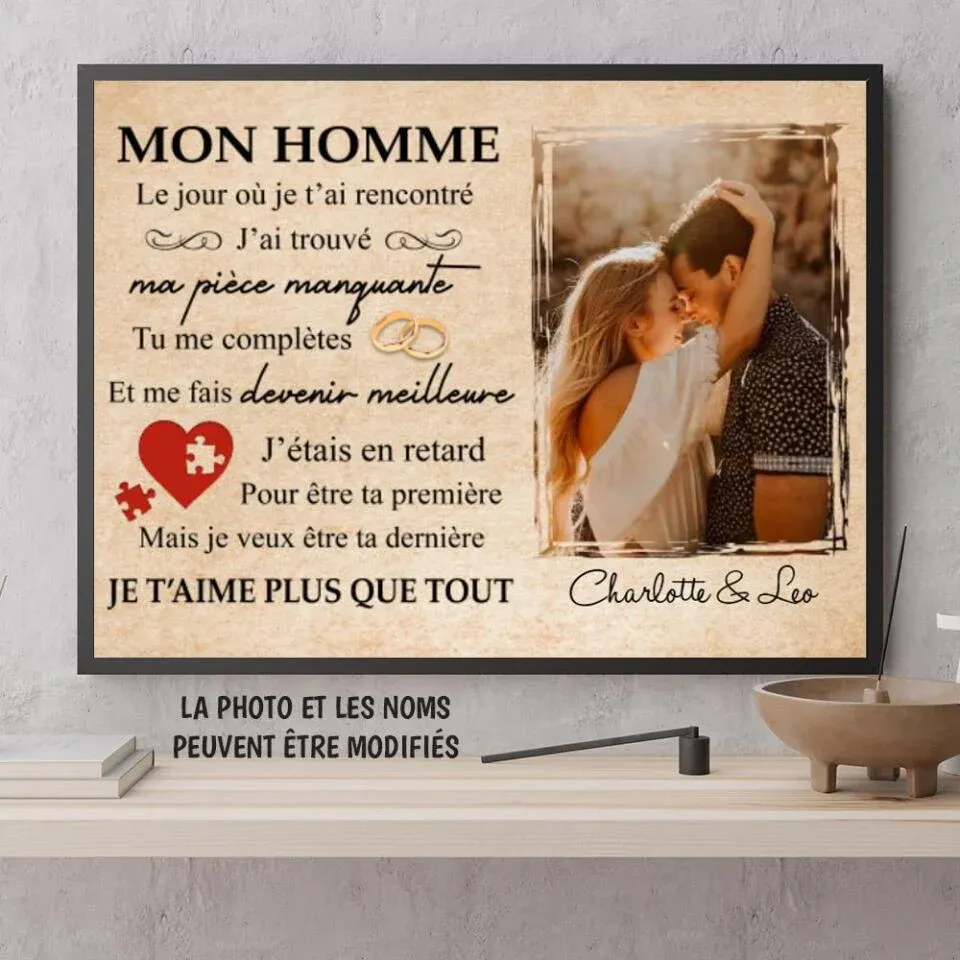 Poster photo personnalisée, cadeau pour couple, cadeau pour mari/femme, ma pièce manquante