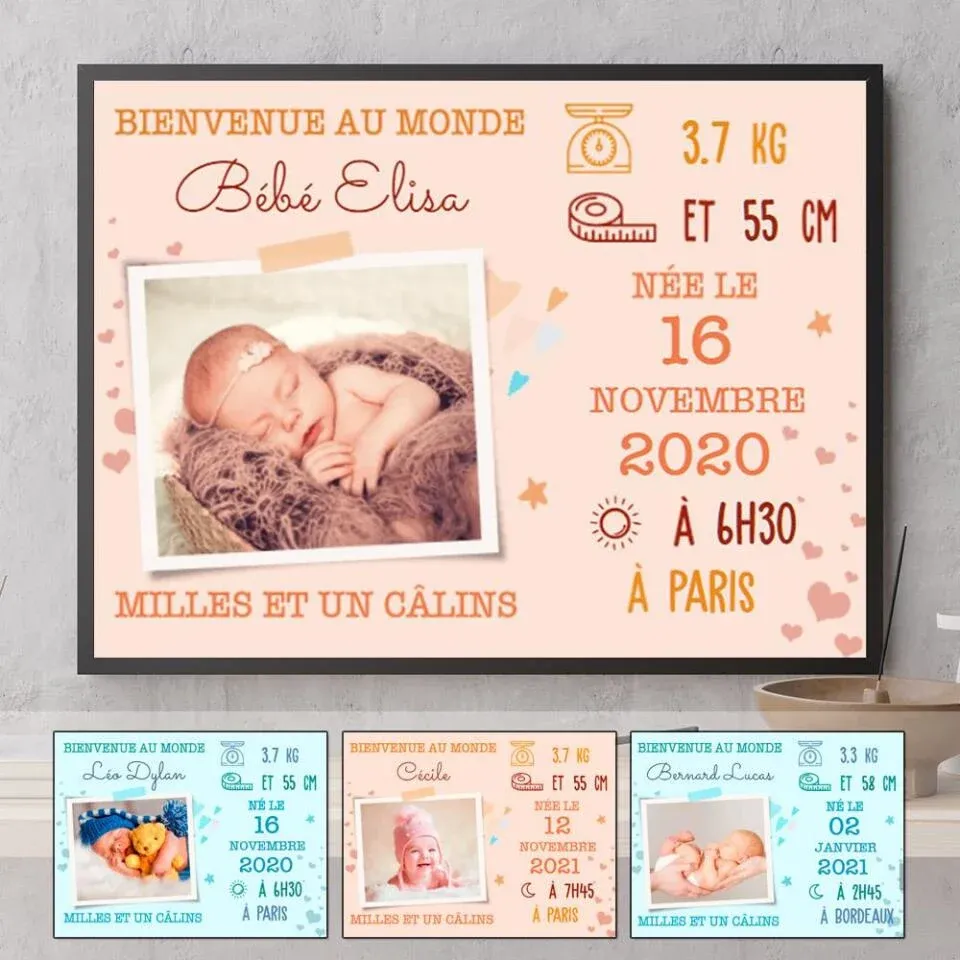 Poster photo bébé personnalisée, cadeau pour maman, famille, bébé nouveau-né, Bienvenue au monde milles et un cârlins