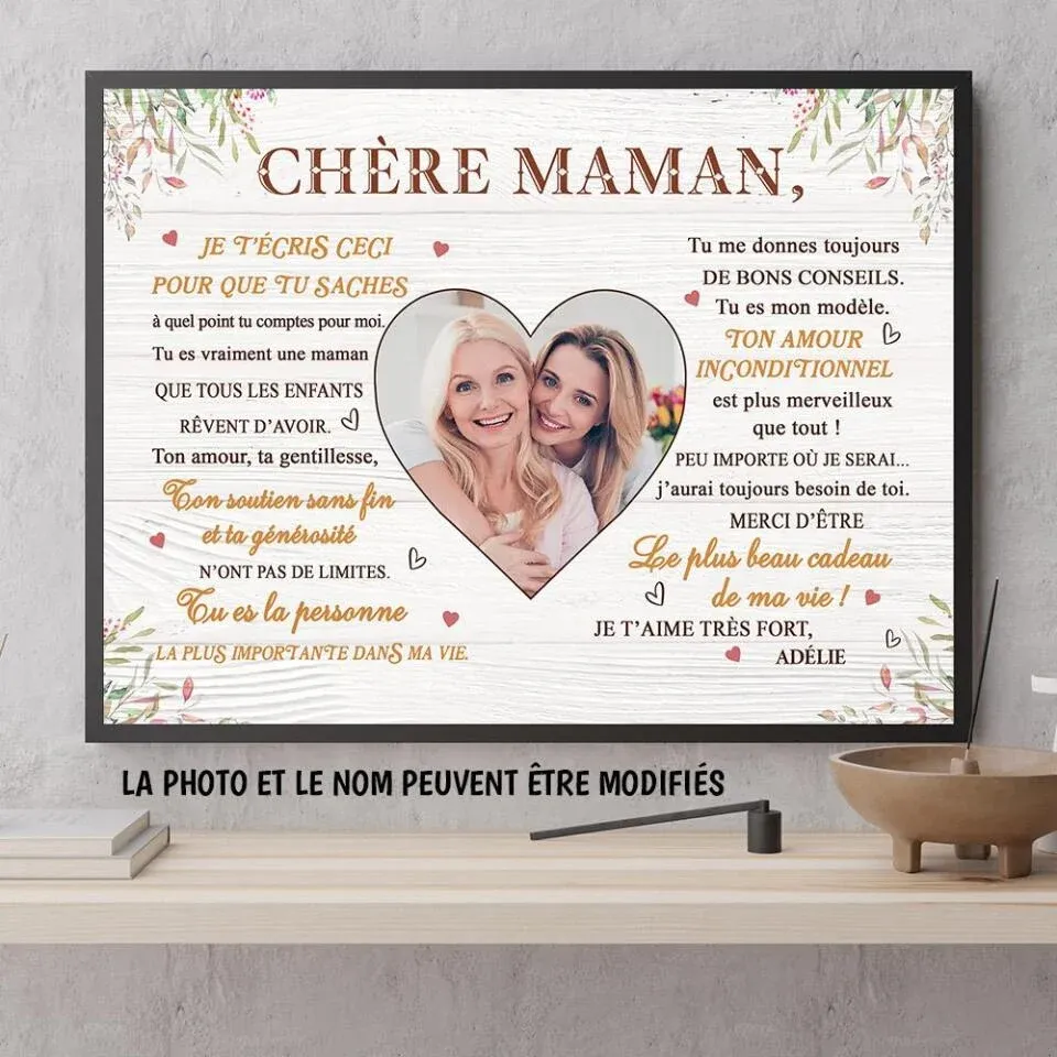 Poster photo personnalisée, Joli cadeau pour maman, Super cadeau de fête des mères, Chère maman, Je t'aime très fort